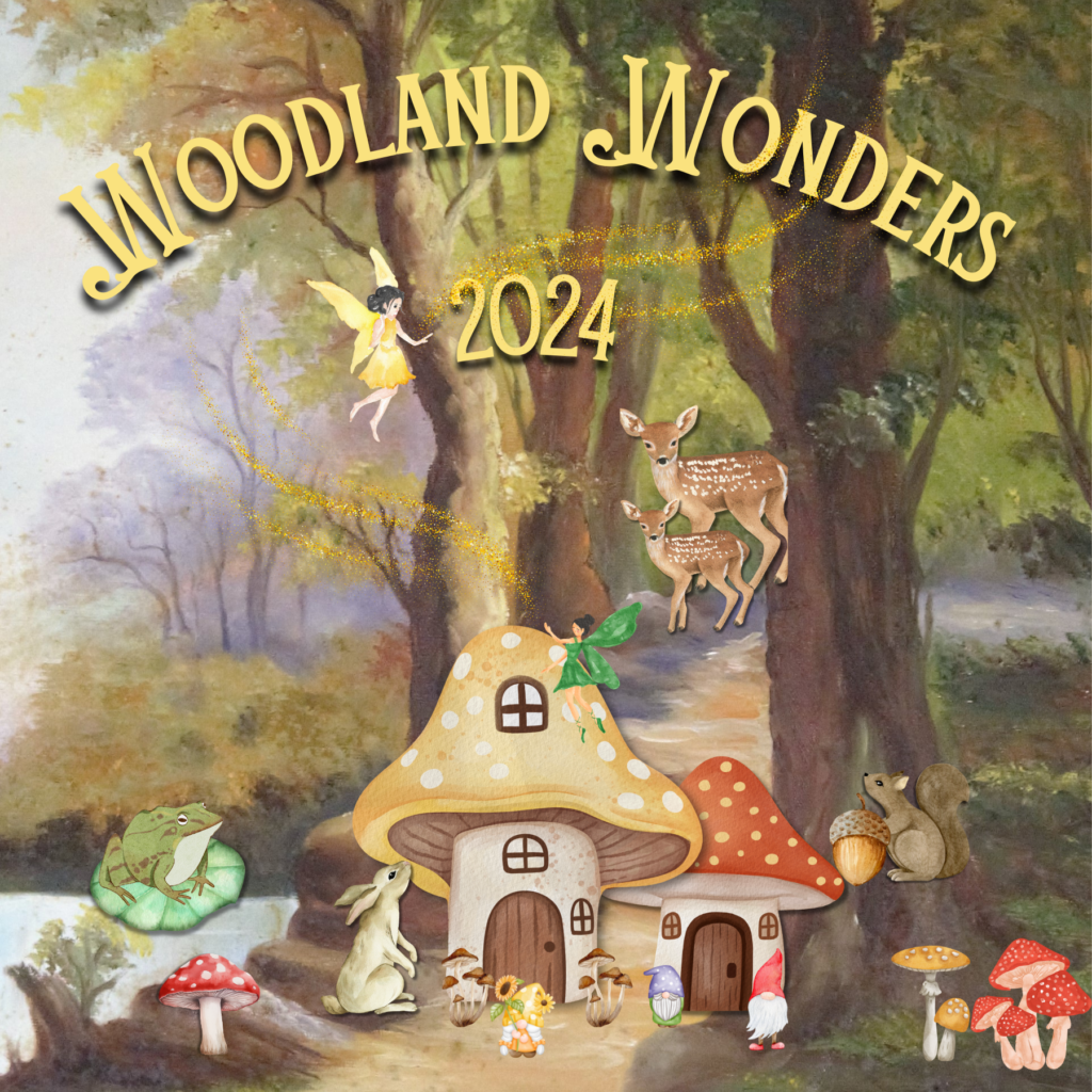 Woodland animals, fairies, and toadstool houses in a forest.