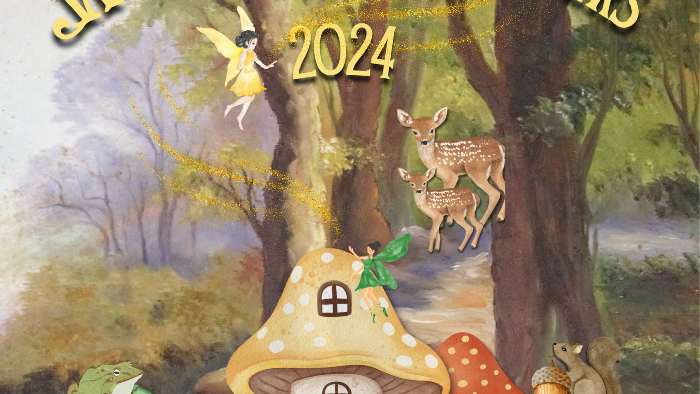 Woodland animals, fairies, and toadstool houses in a forest.