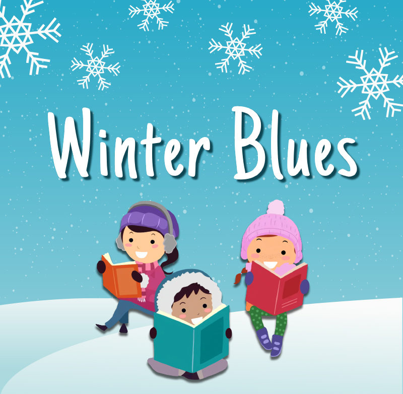 Three children in winter clothes read on a snow-covered hill.