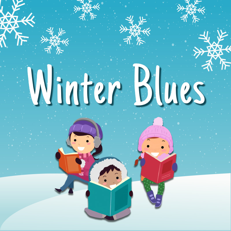 Three children in winter clothes read on a snow-covered hill.